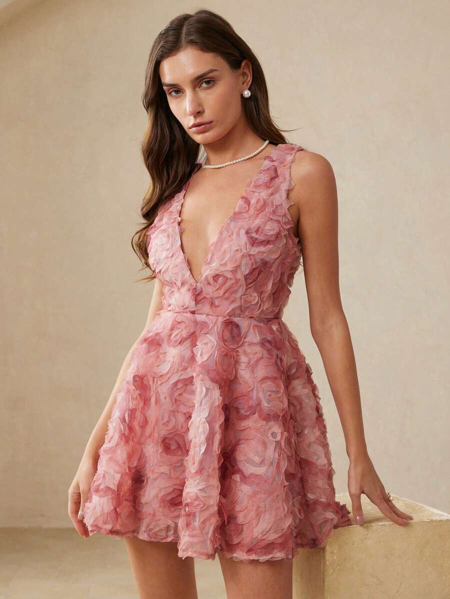 BELROSIE Women Dusty Pink Mini Dress 3D Floral Applique Organza A-Line Deep V-Neck Sleeveless High Waist Elegant Mama Mia Summer Wedding Guest Party Dresses - Rose Red - View 1
