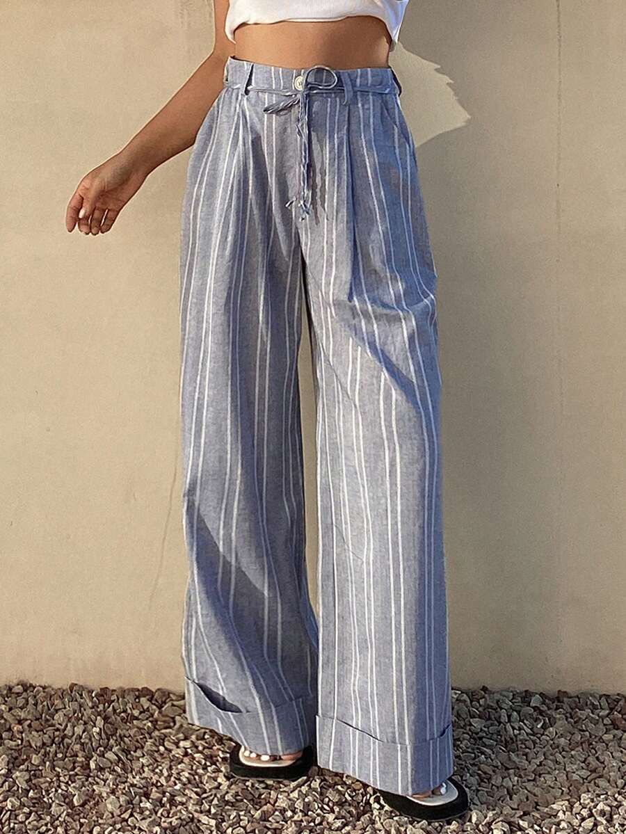 DAZY Women's Casual Striped Loose Wide-Leg Pants - Blue - View 1