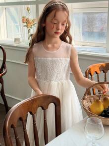 DAZY Girls Lace Trim Round Neck Sleeveless Dress, Fall Outfit - White - View 3