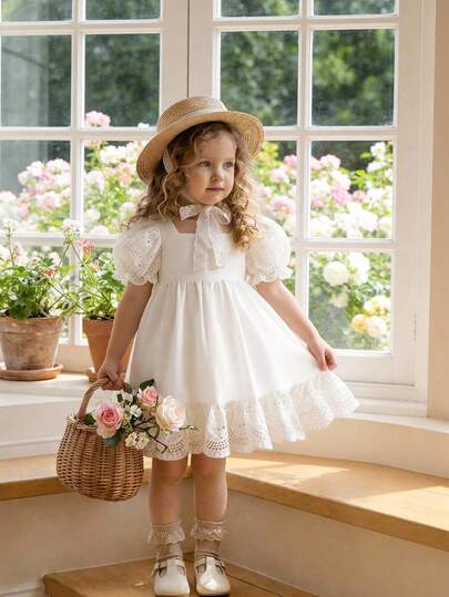 SHEIN Vestido corto de manga corta con bordado floral blanco elegante y lindo para bebé niña