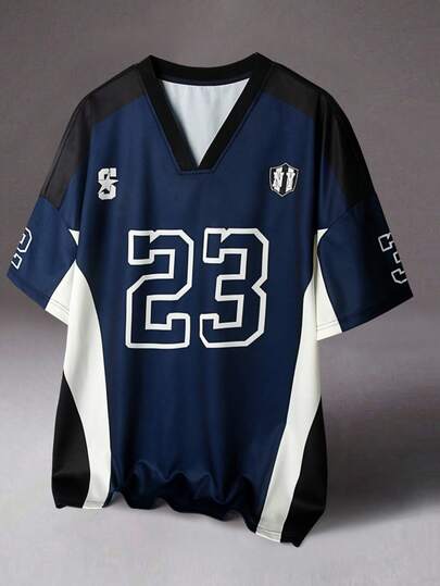 STYNVO 男士休闲撞色数字印花V领短袖T恤，夏季