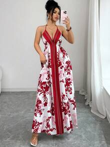 SHEIN Women's Print Spaghetti Strap Tie Waist A-Line Dress, Charming Sexy Elegant Daily Commute Vacation Fashion Date French Street Retro Versatile Spring Summer Red White New Long Sleeveless Spaghetti Strap Slip Dress - Multicolor - View 4