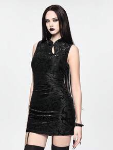 ROMWE Dark Academia Neo-Chinese Gothic Yin Yang Dragon Print Flocked Bodycon Mini Dress - Black - View 5