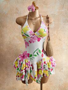 Mistrie Summer New Floral V-Neck Spaghetti Strap Waist Asymmetrical Ruffle Hem Women Vacation Dress - Multicolor - View 1