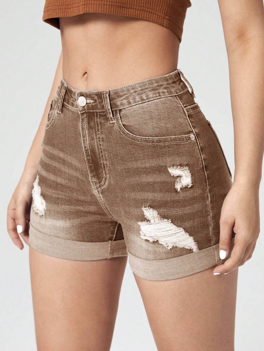 Jeanoix Women's Casual Fashion Ripped Cuffed Hem Denim Shorts, Suitable For Daily Commute In Summer - Brown - View 1
