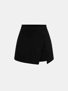 Girlism Black Fashionable Versatile Solid Color Slit Skirt Shorts, Casual, Suitable For Spring/Summer, Valentine's Day, Parties, Shopping Asymmetrical Skirts Asymmetrical Black Skirts For Women - Black - View 1