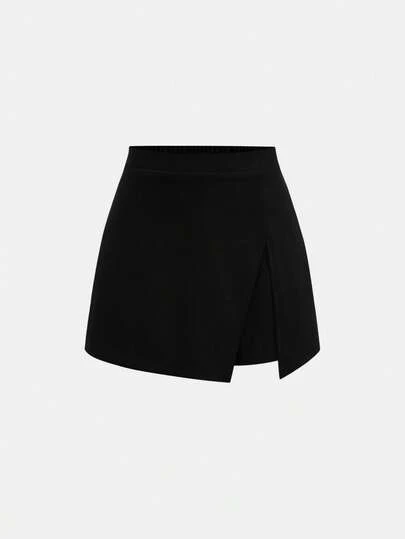 Girlism Shorts de falda con abertura de unicolor negro, de moda y versátil, casual, adecuado para primavera/verano, Día de San Valentín, fiestas, compras