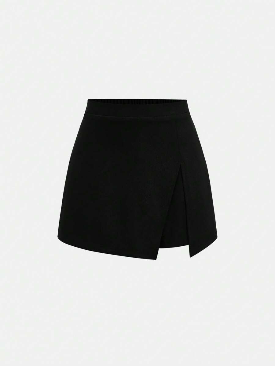 Girlism Black Fashionable Versatile Solid Color Slit Skirt Shorts, Casual, Suitable For Spring/Summer, Valentine's Day, Parties, Shopping Asymmetrical Skirts Asymmetrical Black Skirts For Women - Black - View 1