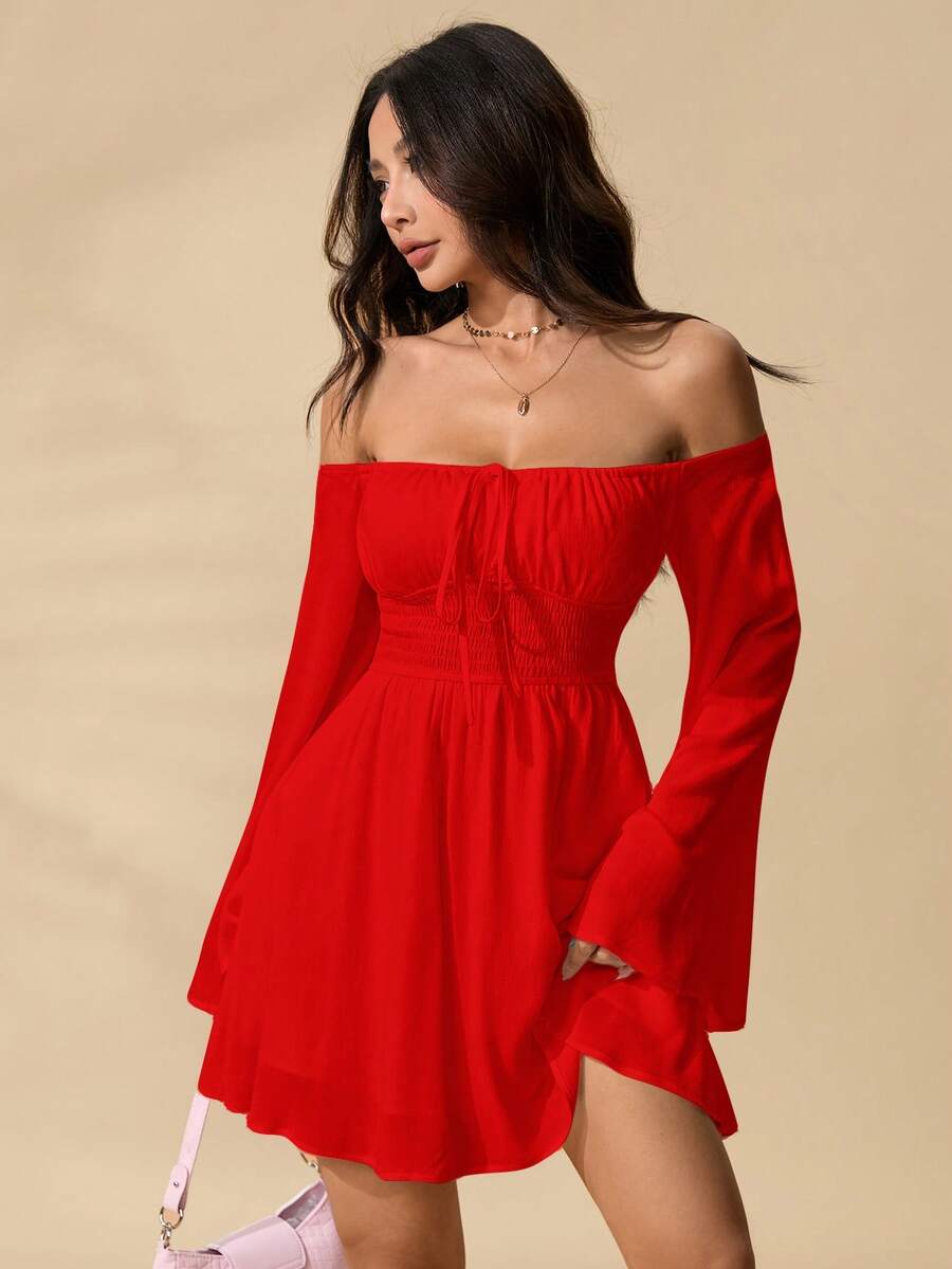 SHEIN PETITE 浪漫露肩荷葉袖收腰洋裝,適合嬌小女性 - 紅色 - 查看 1