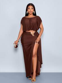 SOLERSUN Bộ đồ hai mảnh cỡ lớn mùa xuân/hè mới về: Áo không tay bóng bẩy với thiết kế bất đối xứng, cúc kim loại và chân váy xếp ly. - Cà phê nâu - Xem 5