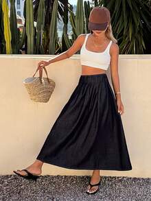 DAZY 西部牛仔褶裥长款宽松A字伞裙，休闲度假夏季女士牛仔裙 - 藍色 - 查看 5