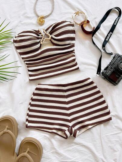 Soleia Women's Vacation Energetic Black & White Striped Textured Cropped Bustier Top With Metal Buckle Decor And Super Short Casual Pants 2-Piece Set, Suitable For Dates, Parties, Casual Beach Vacations