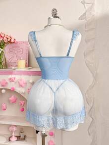 PetitDoll 两件套浪漫蕾丝撞色网纱娃娃睡裙和丁字裤套装 - 藍色 - 查看 8