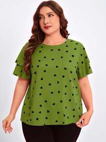 Reflora Plus Size Heart Print Round Neck Casual Short Sleeve Shirt, Summer - Army Green - View 6