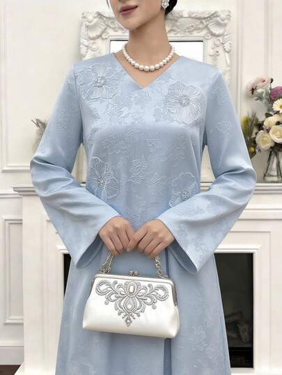 Al Najma New V-Neck Jacquard Handmade 3D Floral Elegant High-End Chic Party Banquet Romantic Vacation Dress