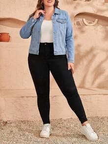 SHEIN LUNE Women's Solid Color Long Sleeve Front Button Short Denim Jacket - Blue - View 3