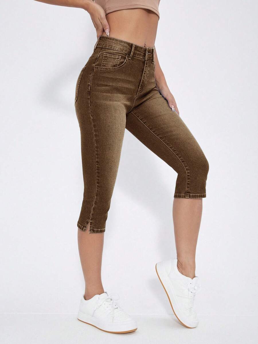 SHEIN Frenchy Women's Solid Color Minimalist Everyday Skinny Capri Length Jeans - Brown - View 1