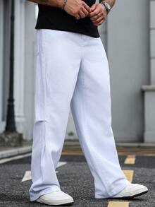 Manfinity Homme 男士休闲简约白色斜插口袋牛仔裤，四季皆宜 - 白色 - 查看 7