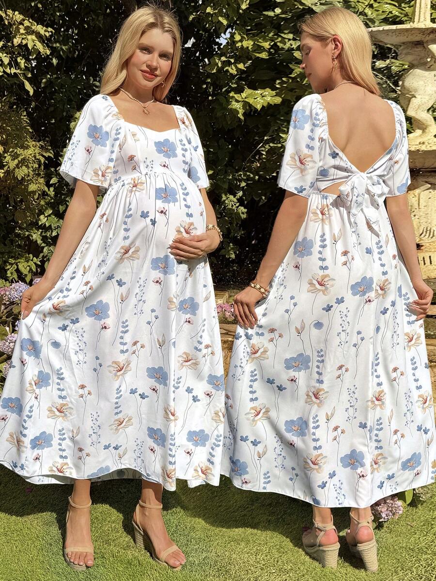 SHEIN Apricot Bohemian Style Square Neck Elegant Maternity Dress - Apricot - View 1