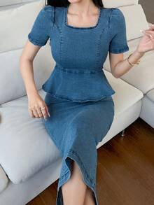 DAZY Vestido de mezclilla con cuello cuadrado elegante, mangas abullonadas y lavado para mujer, ideal para bodas y eventos de verano - Azul - Ver 6