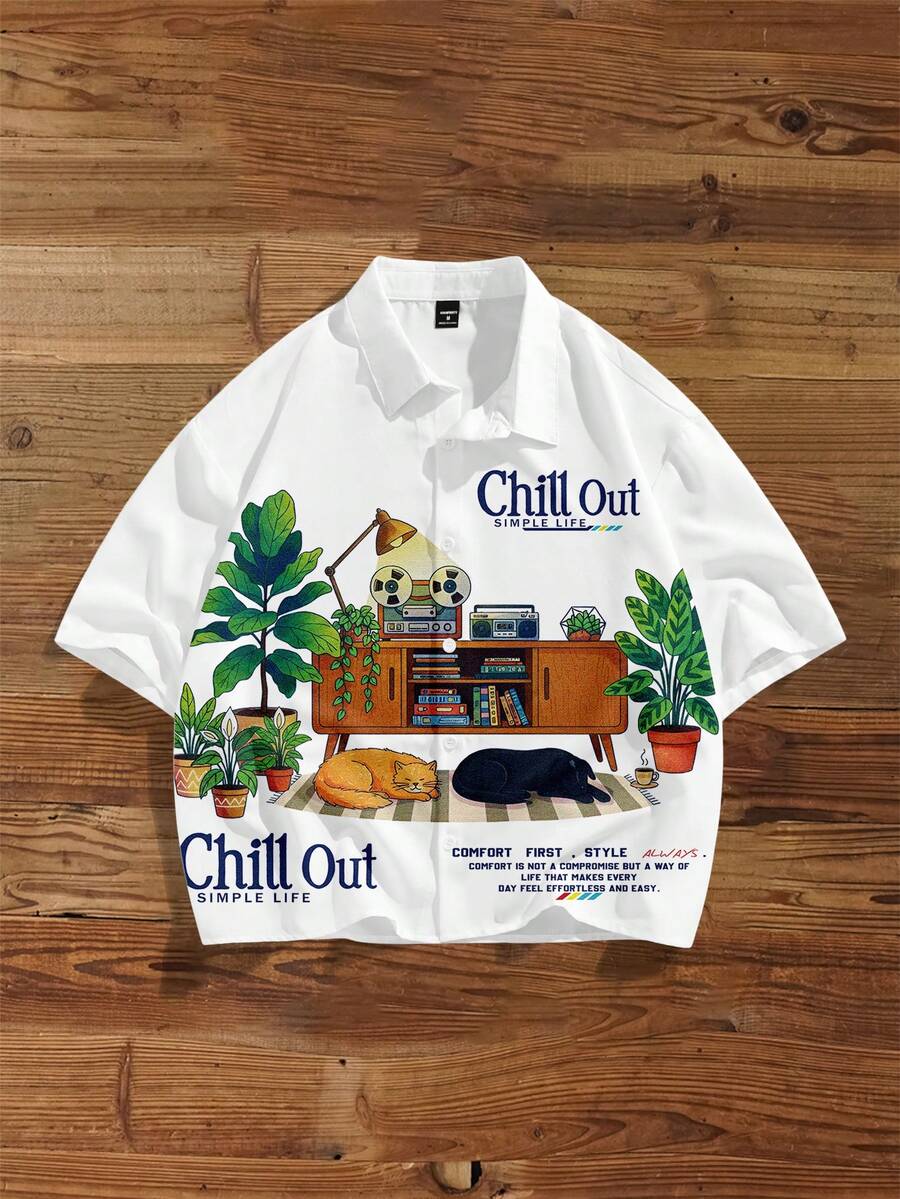 Manfinity Joysei Men's Casual Vacation Illustration Loose Fit Short Sleeve Shirt, Suitable For Summer Outings - White - View 1