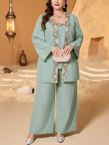 Reflora Completo da donna taglie forti, 2 pezzi, elegante outfit con decorazioni in strass viola, adatto per feste, autunno/inverno - Verde - Visualizzare 1
