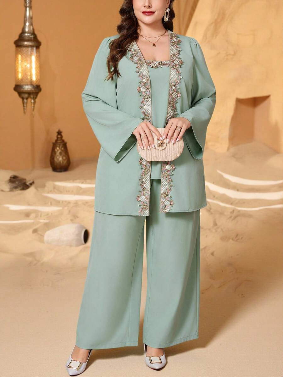 Reflora Completo da donna taglie forti, 2 pezzi, elegante outfit con decorazioni in strass viola, adatto per feste, autunno/inverno - Verde - Visualizzare 1
