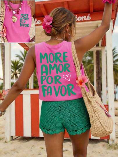 DrmWander Women's Casual Vacation Slogan Graphic Round Neck Tank Top, Summer