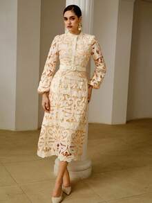 ZEYLAH 女式立领灯笼袖优雅3D花卉刺绣连衣裙 - 米色 - 查看 5