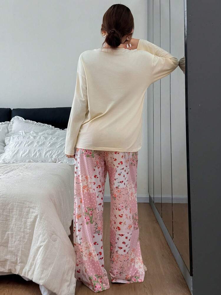 2pcs Floral Pattern Loose Long Sleeve & Long Pants Pajama Set For Women, Autumn