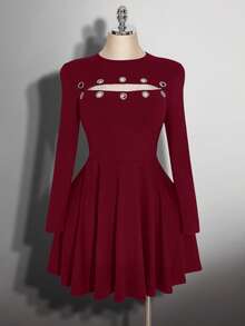 SHEIN ICON 大码女式金属眼装饰宽松连衣裙 - 酒紅色 - 查看 3