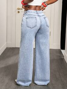 BamGleam Fashionable Casual Cutout Design Wide Leg Jeans For Women - Blue - View 2