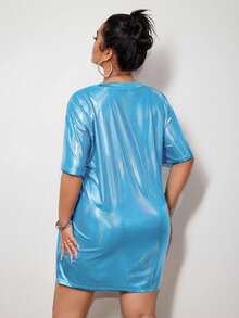 SHEIN ICON 大码 Y2K 大码偏光涂层 T 恤裙 - 藍色 - 查看 2