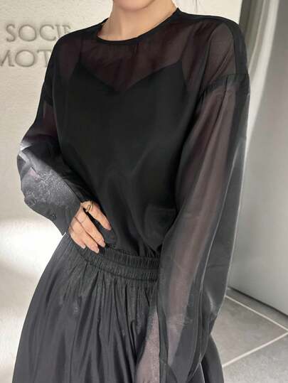 FRIFUL Women's Round Neck A-Line Chiffon Skirt 2 Pieces Set