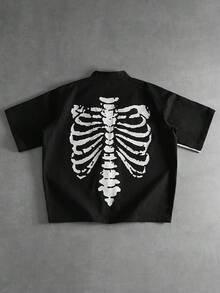 ROMWE MEN Street Life Camisa de manga corta de mezclilla con parches y bordado de calavera para hombre - Negro - Ver 2