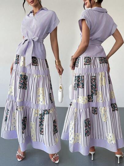 Rafferiza 2026 New Spring/Summer Elegant Vintage Casual Patchwork V-Neck Short Sleeve Striped Shirt With Waist Tie Bow, Loose Fit Multi-Layer Patchwork Design Floral & Striped Print Women 2-Piece Set