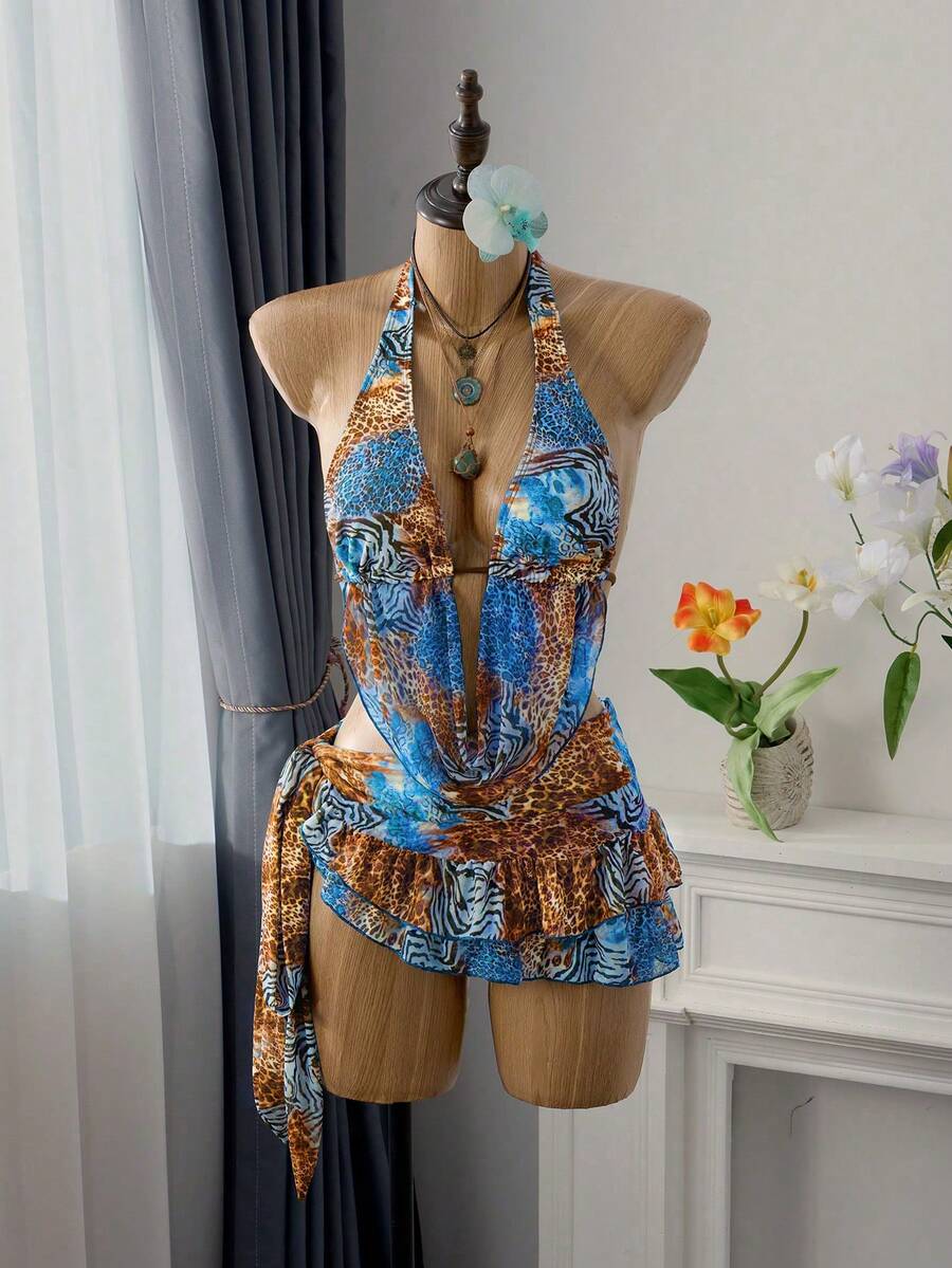 Bellisia Women's Multi-Color Animal Print Ruffled Triangle Bikini Set With Bow Tie, 3-Piece Swimwear For Spring/Summer - Multicolor - View 1