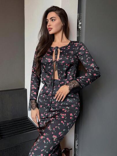 DAZY Spring & Summer Black Lace Ditsy Floral Tie Front Cardigan And Bodycon Skirt 2-Piece Set, Elegant For Vacation, Wedding, Casual Commute