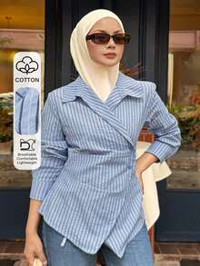 DAZY Women's Casual Striped Asymmetric Collar Blouse, Spring/Summer Long Sleeve - Blue - View 1
