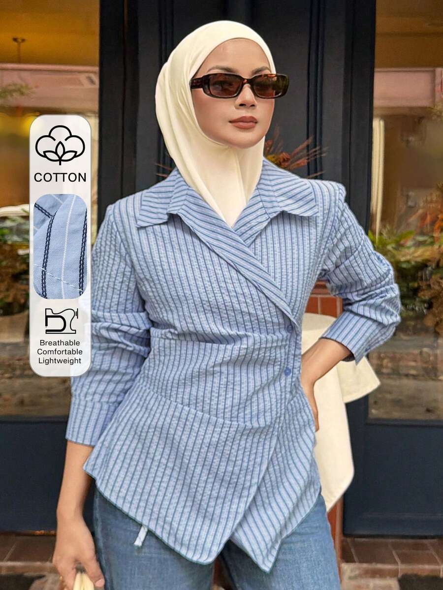 DAZY Women's Casual Striped Asymmetric Collar Blouse, Spring/Summer Long Sleeve - Blue - View 1