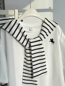 SHEIN Tween Girls Summer Horse Graphic Loose T-Shirt And Striped Pants Set - Black and White - View 5