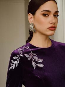 ZEYLAH Đầm maxi dài tay cổ tròn thanh lịch thêu đính cườm dành cho nữ, thích hợp cho mùa Thu/Đông. - Màu tím - Xem 2