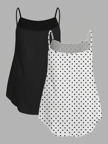 Comfortcana 两件套休闲简约加大码纯黑色吊带背心，波点图案吊带背心，夏季 - 彩色 - 查看 2