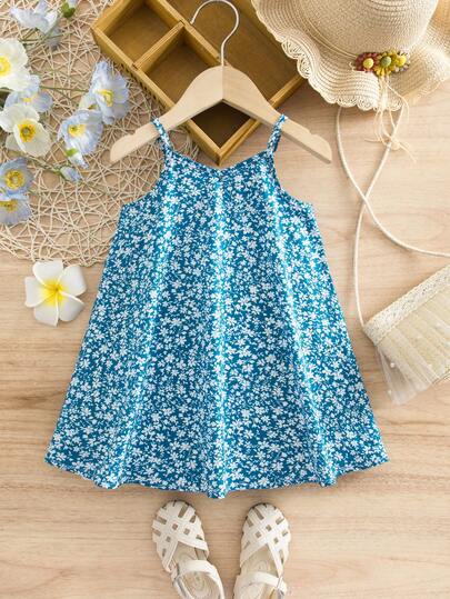 女宝宝夏季度假蓝色碎花宽松吊带轻薄连衣裙