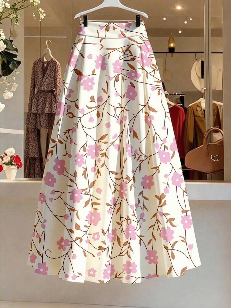 Women's Ditsy Floral Elastic Waist A-Line Skirt, Slimming - Pink - View 1