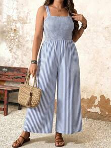 EMERY ROSE Plus Size Women Striped Square Neck Casual Jumpsuit - Blue - View 4
