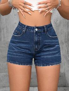 SHEIN ICON Quần short denim rách cạp chun gợi cảm kiểu cao bồi dành cho nữ cỡ lớn, trang phục mùa xuân. - Rửa tối - Xem 1