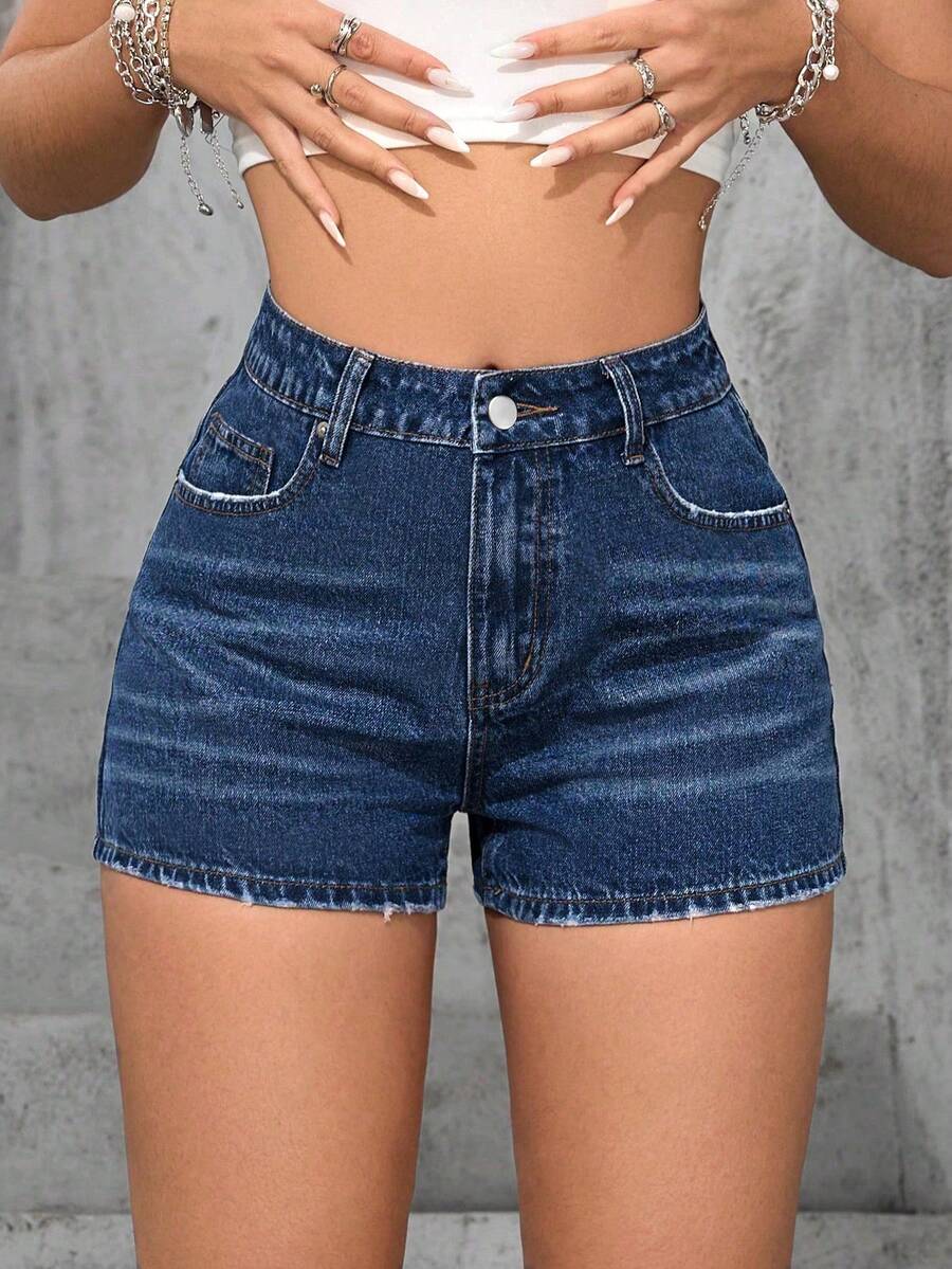 SHEIN ICON Quần short denim rách cạp chun gợi cảm kiểu cao bồi dành cho nữ cỡ lớn, trang phục mùa xuân. - Rửa tối - Xem 1