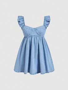 Sweetra Women's Casual Ruffle Sweetheart Neck Denim Dress - Blue - View 1