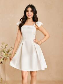 Elegant Elegant Graceful White Sleeveless Spaghetti Strap Cap Sleeve Design Waist Snug Fit Luxurious Pleated Dress For Teenage Girls - White - View 4